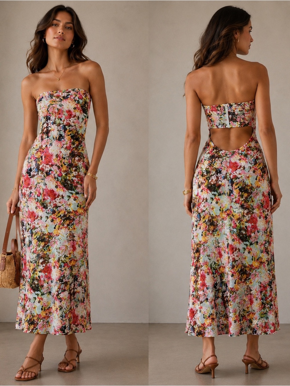 Lavender Brown XS Floral Strapless Maxi Dress Open Back Smocked Made USA‎